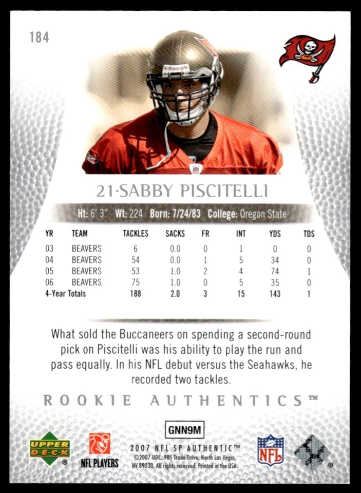 2007 Donruss Gridiron Gear Sabby Piscitelli - Rookie /599 Tampa Bay Buccaneers - Image 2 of 2