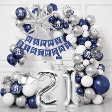 21st Birthday Decorations Blue Silver Balloons Arch Kit with 21 Number Star Foi