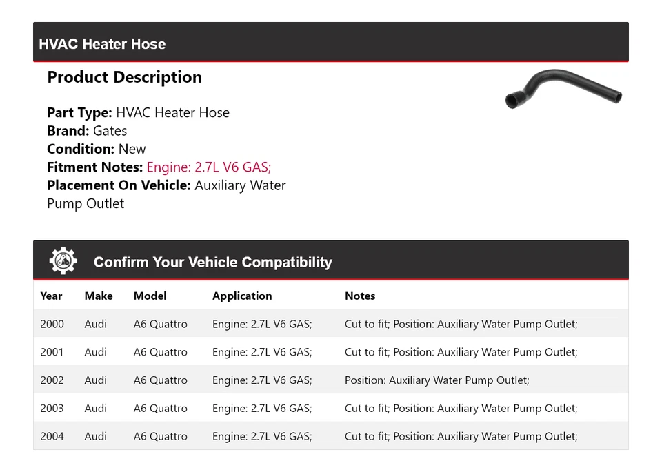 Manguera de calefacción auxiliar para Audi A6 Quattro 2000-2004 puertas de salida de bomba de agua Foto 2 de 4