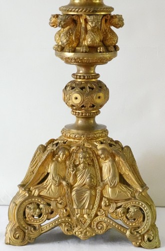 Church brass gilt antique candlestick ornate French Gothic with angels & figures - Picture 2 of 5