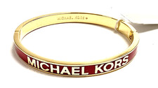 NEW MICHAEL KORS POLISHED GOLD TONE RED ENAMEL LOGO 'MK' HINGE BANGLE BRACELET