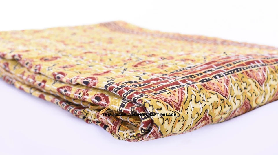 Manta Kantha amarilla con estampado de bloques a mano tamaño doble manta Ajrakh Sari Throw Gudri Foto 4 de 4