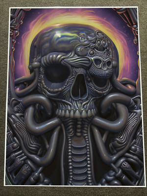 Intricate Skull with Tubes and Cosmic Aura - Sci-Fi Art Print 18x24in
