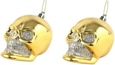 Gold Skull Sparkle Glitter Christmas Ornament Set of 2 Shatterproof Plastic NEW