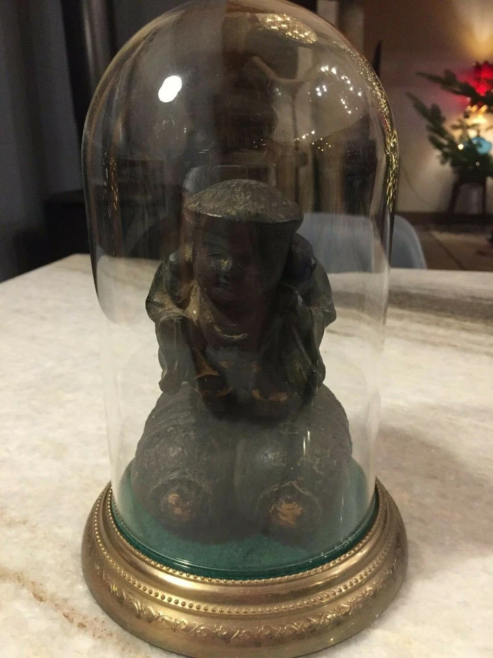 Estátua/escultura japonesa de madeira muito antiga de Daikokuten 大黒天 com estojo de cúpula de vidro - Imagem 2 de 4