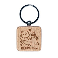 Be My Meowintine Valentine Valentine's Day Engraved Wood Square Keychain