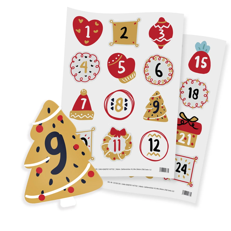Zahlensticker groß eckig Weihnachtsmotive Mix 1-24 6cm Adventskalenderzahlen