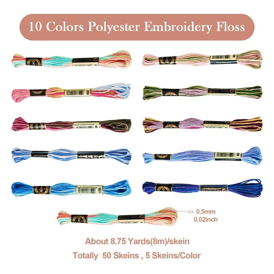 50Skeins 10 Colors 6-Ply Polyester Embroidery Floss Cross Stitch Threads 0.5mm - Image 2 of 4
