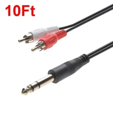 10FT 1/4" (6.35mm) Stereo Male to 2-RCA L+R Male Plug Dj Guitar Cable Audio Cord