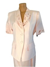 Kasper For ASL Skirt Suit Sz 10 Pink Lined Die Cut Lapel Short Sleeve Vtg Jacket