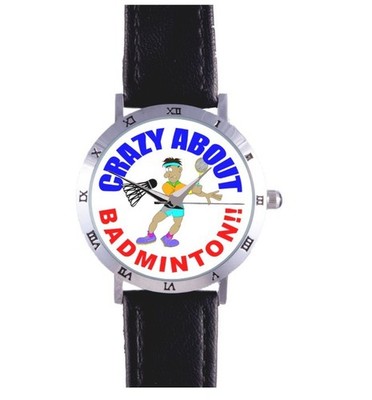 CRAZY ABOUT BADMINTON WATCH: RACQUET, SHUTTLECOCK, SPORT, GAME,RARE COLLECTIBLE!