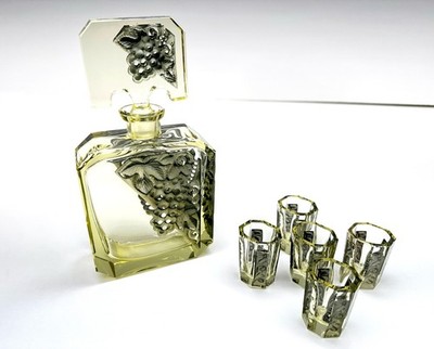 Czech Bohemian Art Glass Citrine Crystal Harvest Decanter Set Schlevogt Hoffman