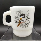 Fire King Chickadee Blue Jay Birds Coffee Mug Milk Glass Anchor Hocking Vintage