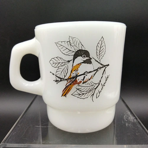 Fire King Chickadee Blue Jay Birds Coffee Mug Milk Glass Anchor Hocking Vintage