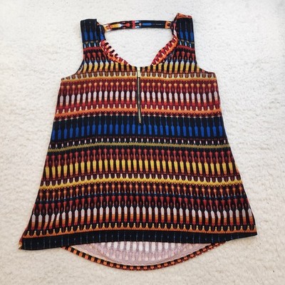 August Silk Tank Top M Rainbow Zip Front Drape Back Southwest Summer