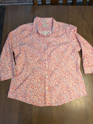 L.L. Bean Women s L Button Down Blouse White Pink Floral Preppy Cabin Cottage