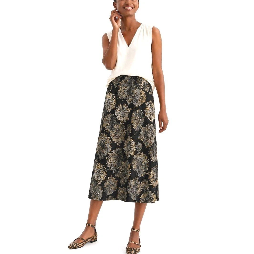 Talbots Womens Linen Silk Blend Dandelion Floral Midi A-Line Skirt Black Size 6