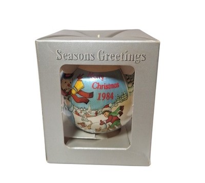 Vintage 1984 Merry Christmas Ornament With Snowman & Children Scene Silver Boxed