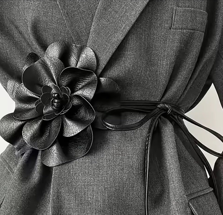 Black leather wrap belt with flower detailing