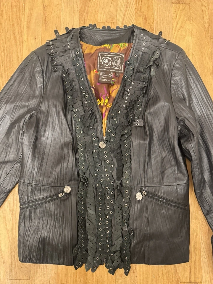 Chaqueta vintage con flecos de cuero negra Chi by Falchi para mujer talla grande Foto 4 de 4