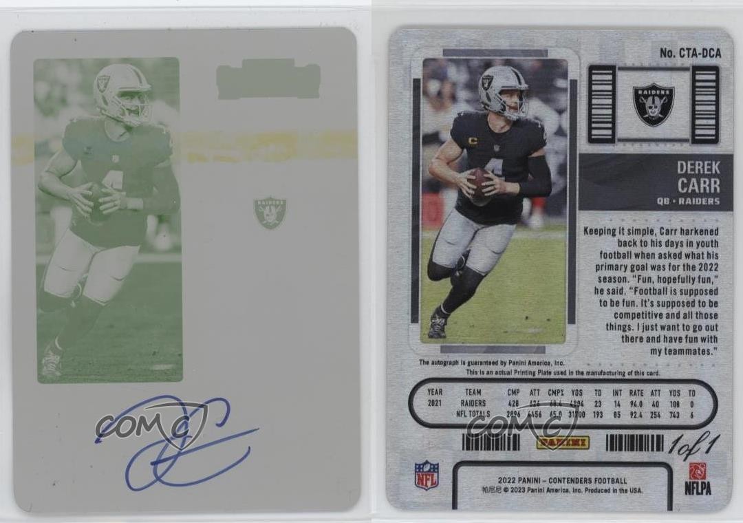 2022 Panini Contenders Veteran Ticket Printing Plate Yellow 1/1 Derek Carr Auto view 3