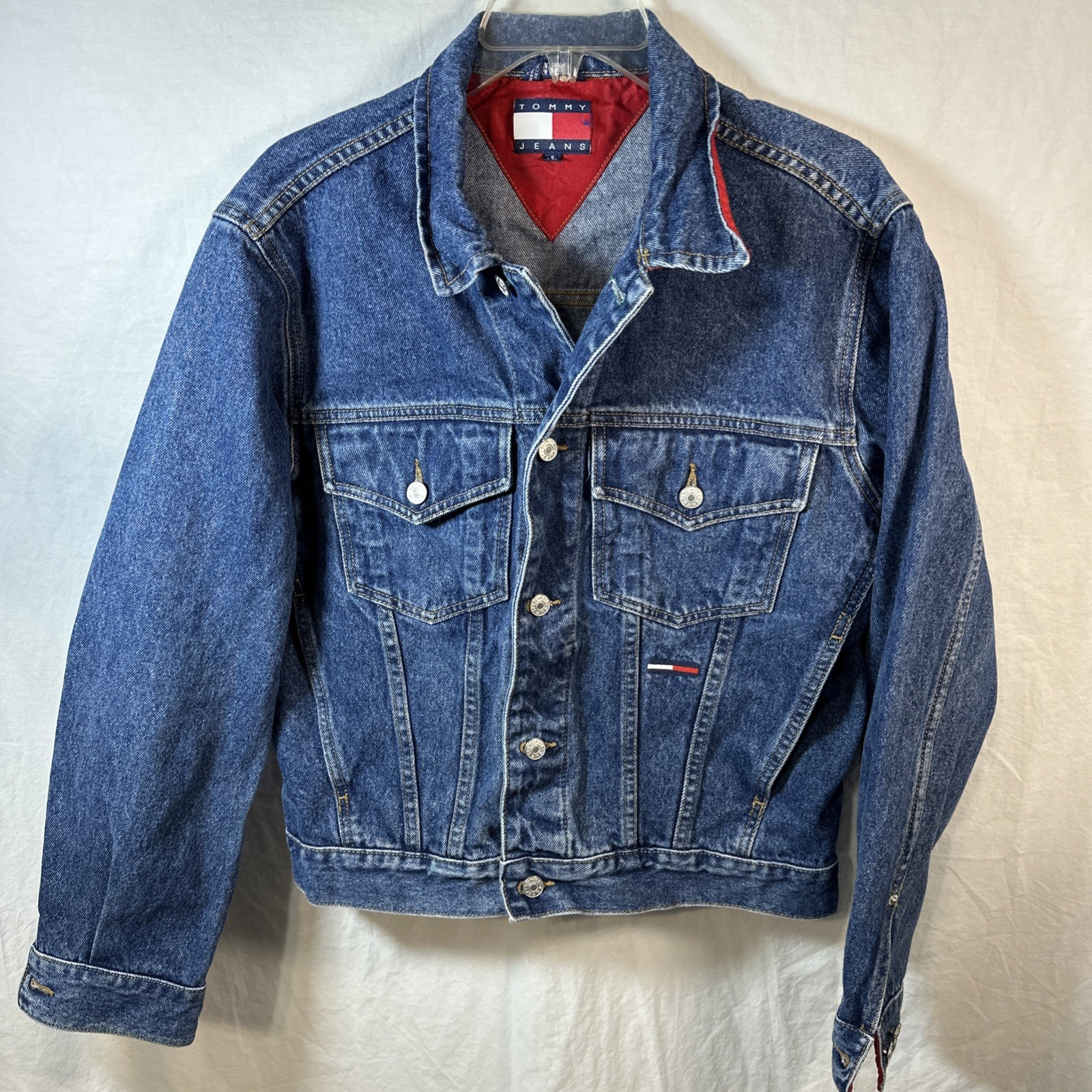 Vintage Y2K Tommy Hilfiger Denim Trucker Jacket Men’s S Blue Red Flag Logo