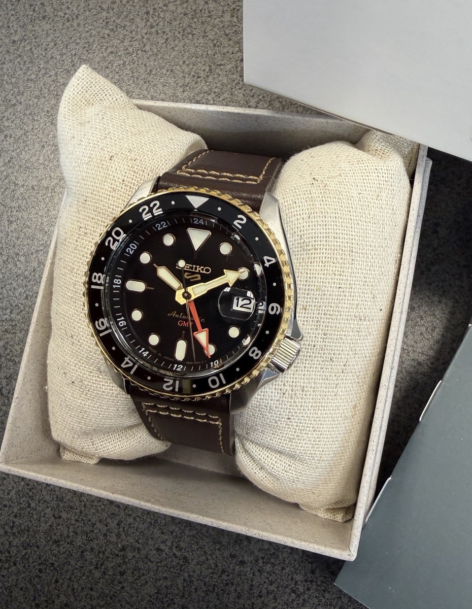Seiko 5 Sports Automatic GMT Leather Band Black Dial Watch SSK036