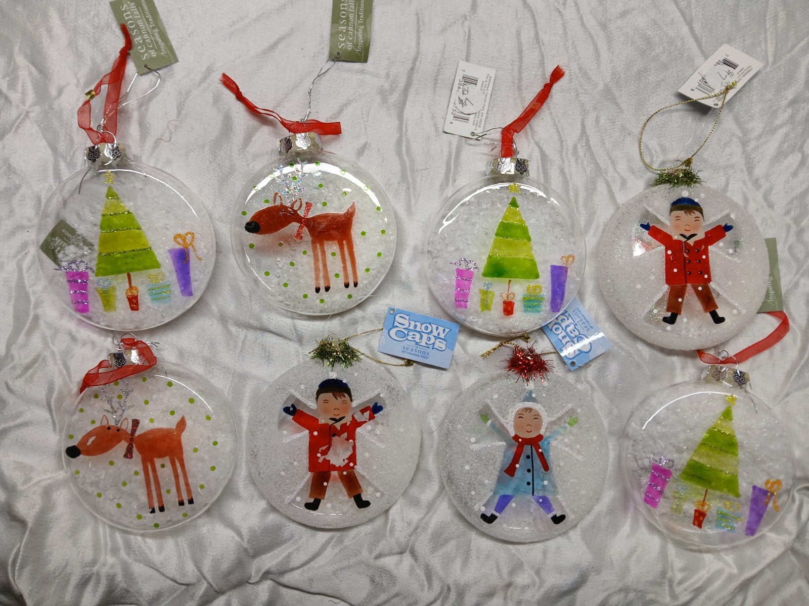 Lot Of 8 Seasons Of Cannon Falls Glass Snow Filled Ornaments
