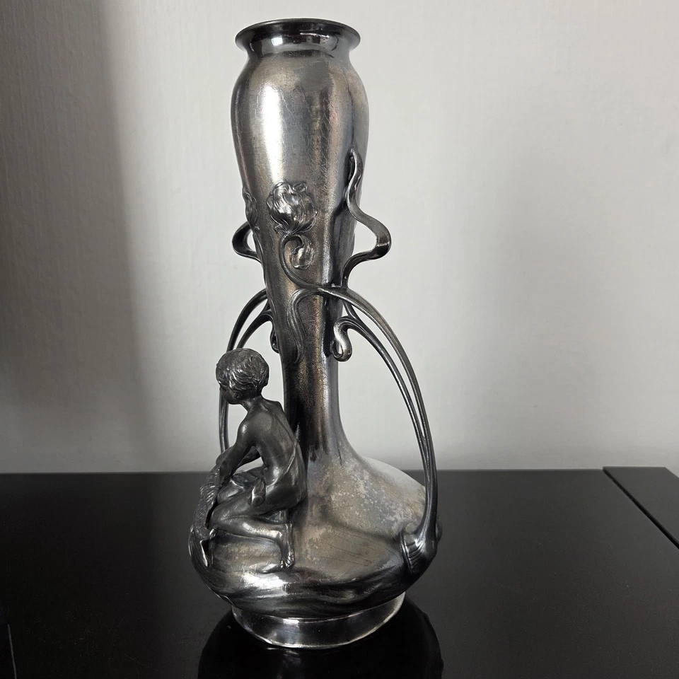 Vase WMF Signé Art Nouveau 1900 German Jugendstil en Etain Garçon au Poisson - Photo 4/4