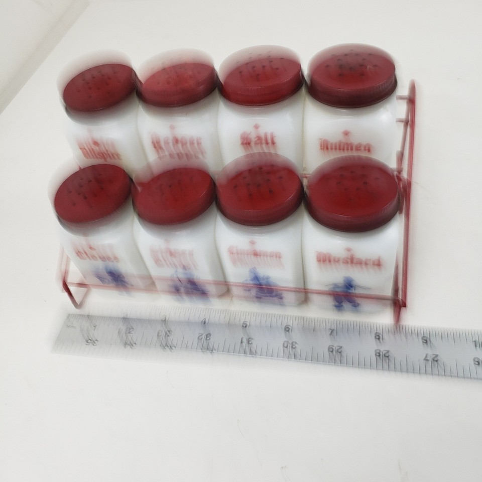Metal Racking Blue Vintage Milk Glass Spice Jar Set with Red Metal Rack Dutch Blue 8 Piece ...