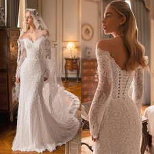 Elegant Wedding Dress Pearls Mermaid Bridal Gowns Off Shoulder  Long Sleeves