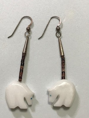 Cute Native American Sterling White Carved Gemstone Bear Dangling Earrings