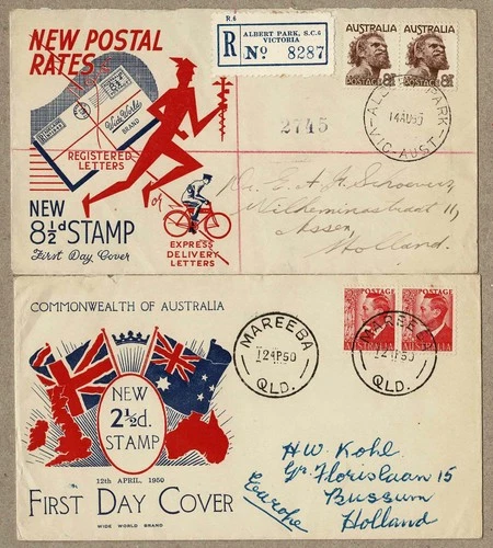 Australia 1952 WW Wide World KGV1 8½ Jimmy Pairs FDC Cover x2 inc Reg to Holland