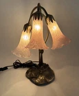 Vintage Tiffany Style 16” Lily Pad Table Lamp With 3 Pink Frosted Tulip Shades