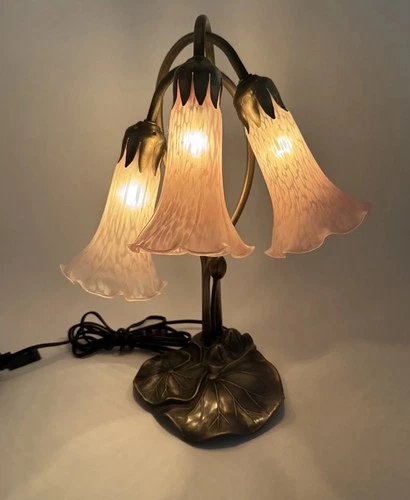 Vintage Tiffany Style 16” Lily Pad Table Lamp With 3 Pink Frosted Tulip Shades