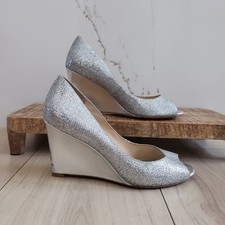 Badgley Mischka Awake Wedges Womens 6 Silver Glitter Peep Toe Wedding