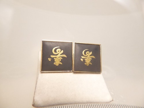 70er J. Manschettenknöpfe APITA goldfarben schwarz Emaille 585 chinesisch Symbol - Bild 2 von 17
