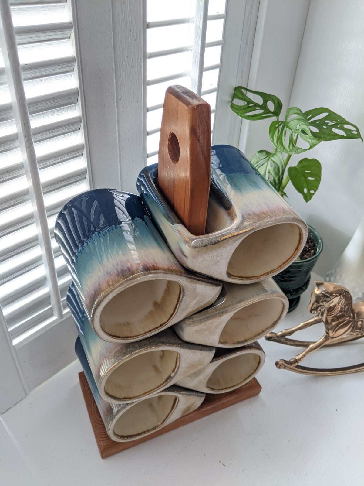 Vintage Rodolfo Padilla Coffee Mugs Set Of 6 With Wood Stand Blue Drip