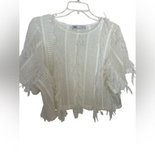 ZARA Blouse Crop Top Semi Sheer FEATHER Fringe NWOT