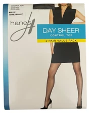 Hanes Day Sheer Control Top Pantyhose Size EF Barely Black Sheer Toe OG098 2 PK