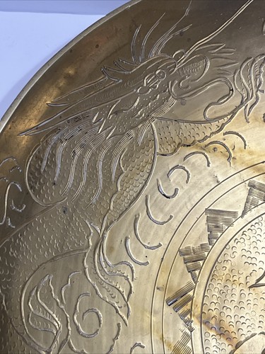 Vintage Chinese Dragon Brass Engraved Large Bowl 12” D - Picture 5 of 9