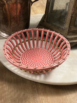Antique Pink German Majolica Openwork Basket with gilt detail Early 1900's