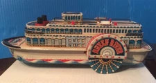 QUEEN RIVER Tin Litho Paddle Boat STEAMBOAT Vintage TESTED