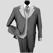 Men's 3 Piece Classic Gangster Pinstripe Wool Feel Suit w/ Vest 2911