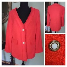 New The Look Women Medium Blazer Jacket Coat - Frayed Fringe Trim - Jewel Button