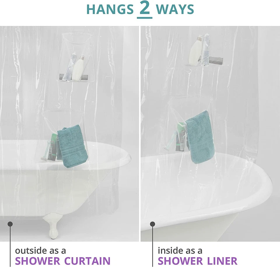 Forro de cortina de ducha de vinilo PEVA impermeable de EE. UU. con bolsillos de malla organizador de ducha Foto 3 de 4