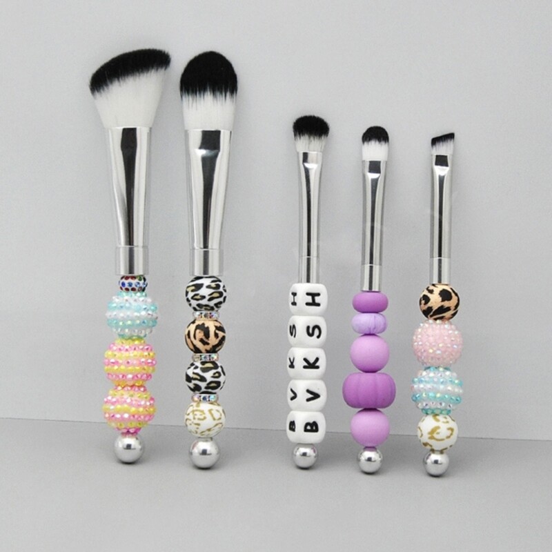 5 Pcs DIY Beaded Makeup Brush Set Metal Handle Eye Makeup Brushes