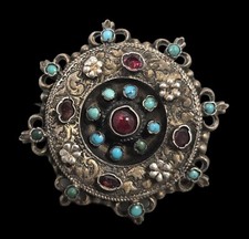Antique ca. 1850 European Gilt Silver, Turquoise & Garnet Brooch