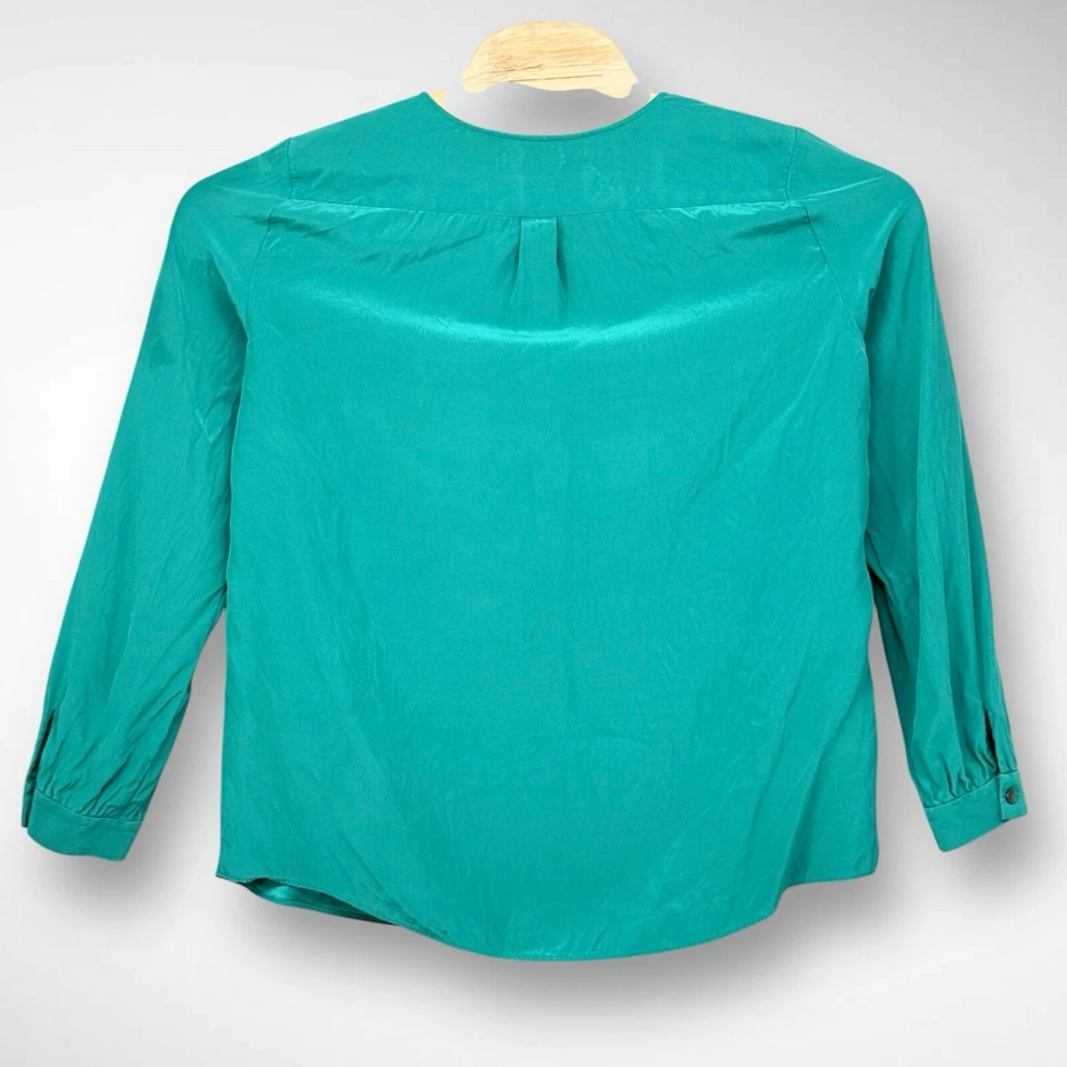 Blusa de seda Lafayette 148 para mujer 10 verde cuello en V manga larga ribete satinado Foto 2 de 4