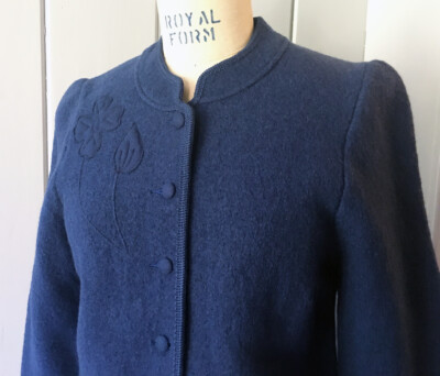 Women's Blue Giesswein Tirol Austrian Wool Jacket with Floral Applique, Size 8